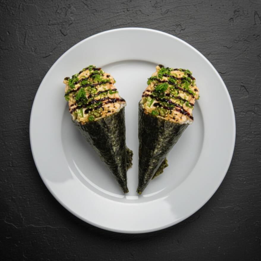 Salmão grelhado, com cream cheese, tarê, cebolinha e gergelim. Não fazemos sem arroz. Não acompanha hashi, shoyu e nem tarê. Peso aproximadamente de cada temaki 150 gr.