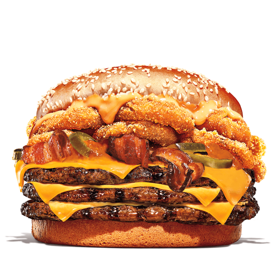 Chegou o novo Mega Stacker Furioso 3.0. Pão fofinho com gergelim, três hambúrgueres de carne 100% bovina grelhados no fogo, onion rings, pimenta jalapeño, deliciosas fatias de bacon, queijo fatiado sabor cheddar e os icônicos molhos Stacker e Furioso.