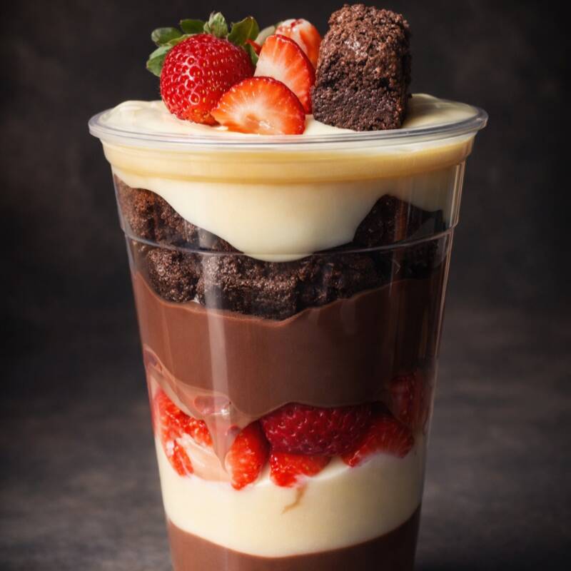 Uma combinação perfeita para quem ama sobremesas irresistíveis! Nosso Copo da Felicidade vem recheado com camadas de brownie macio, pedaços frescos de morango suculento e uma deliciosa mistura de creme de avela com creme de leite Ninho