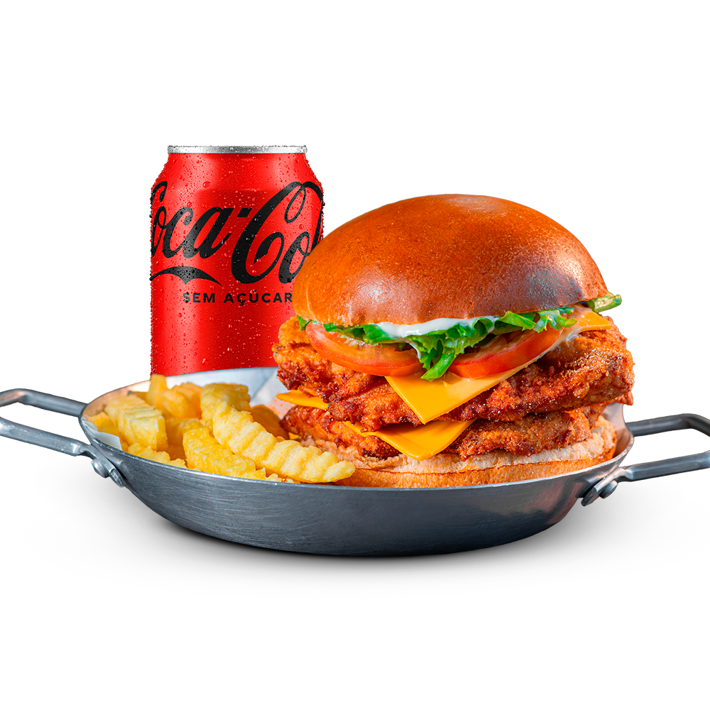 Pão de brioche, maionese Hakuna, cheddar fatiado, salada e triplo filé de frango empanado.