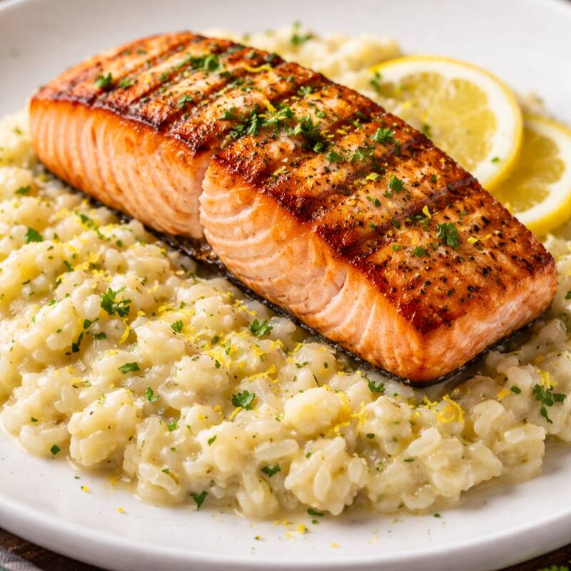 Filé de salmão assado, servido com nosso delicioso risoto de limão siciliano.