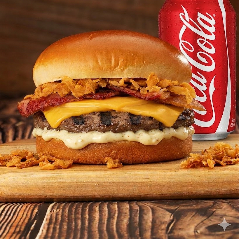 Macio pão Brioche, Suculenta carne de picanha 120g, 2 fatias de queijo cheddar delicioso, fatias de bacon, e cebola crispy mega crocante, com molho da nossa maionese de bacon!! Um Burger incrível que vai te surpreender! Mais uma coca cola lata bem gelada!
