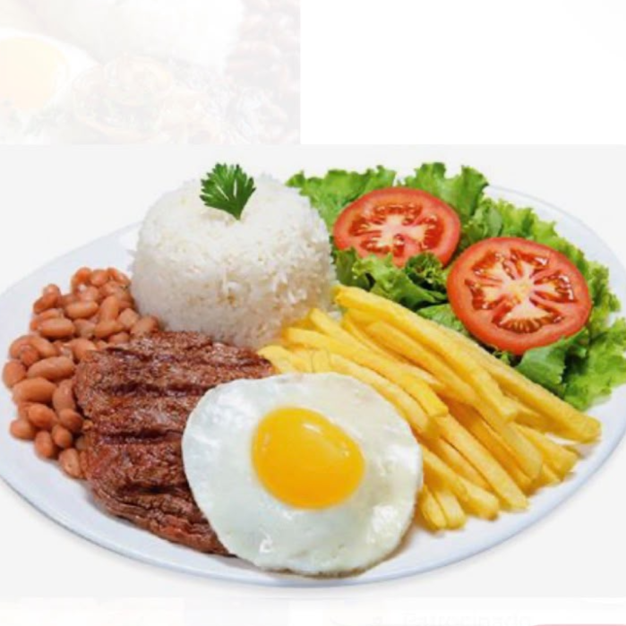 arroz ,feijão, batata-frita,alface com tomate, contra filé e ovo