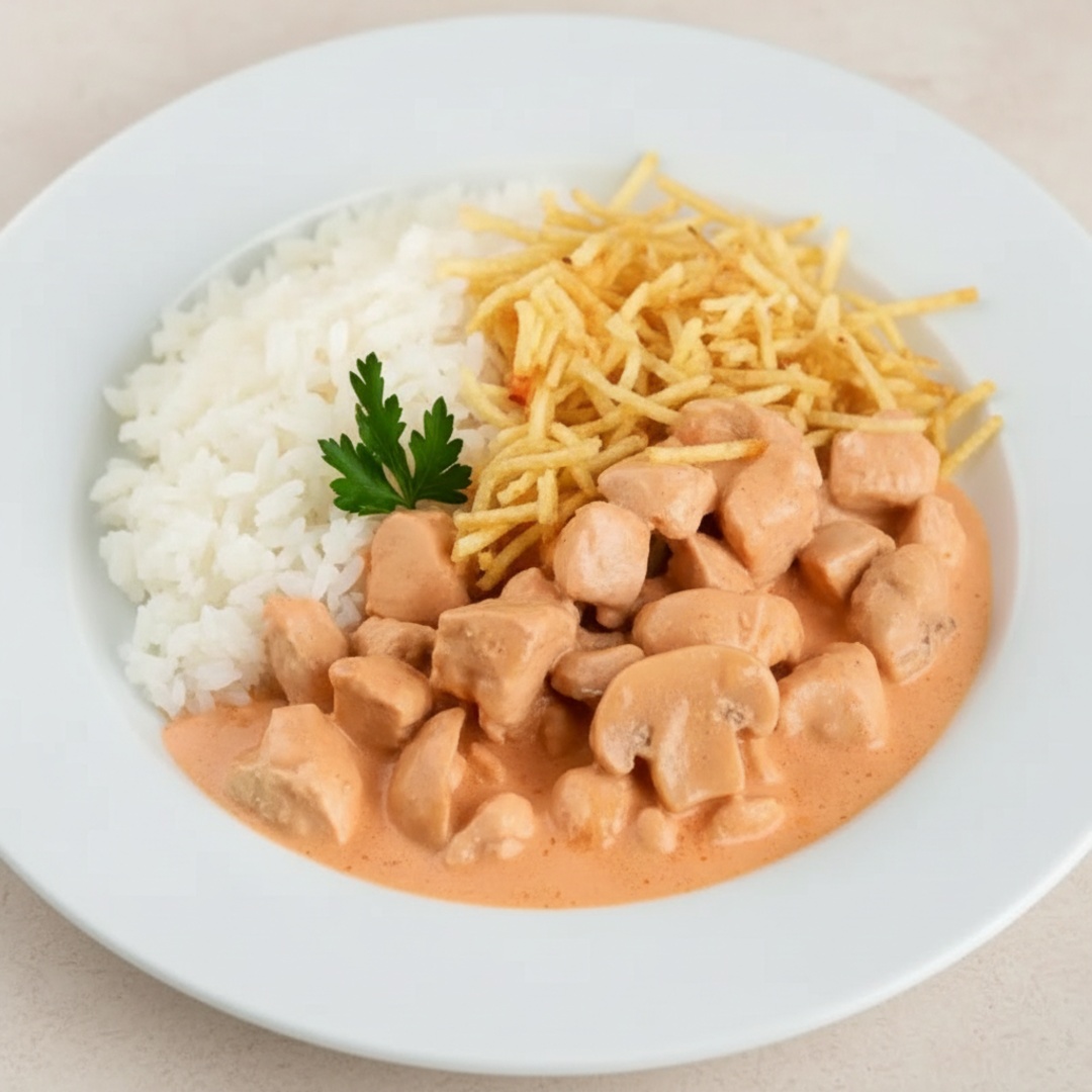 Delicioso estrogonofe de cubos de frango com arroz e batata palha.