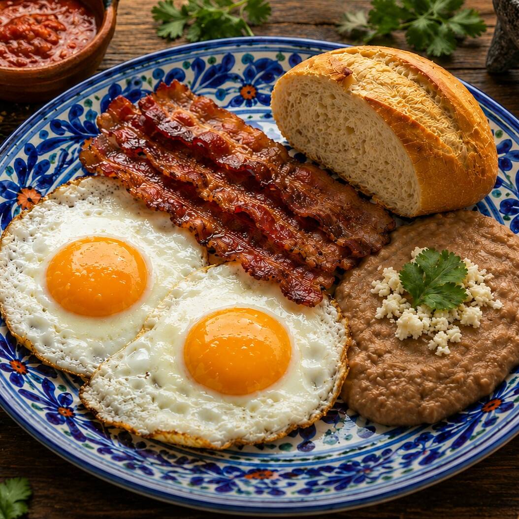 Huevos con Tocino y Frijoles Refritos
