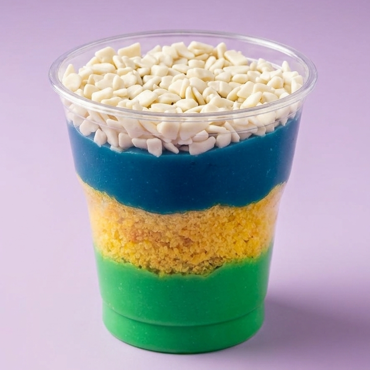 Bolo de pote de cenoura com recheio de brigadeiro branco nas cores da seleção brasileira. Serve até 1 pessoa (aprox. 150ml)