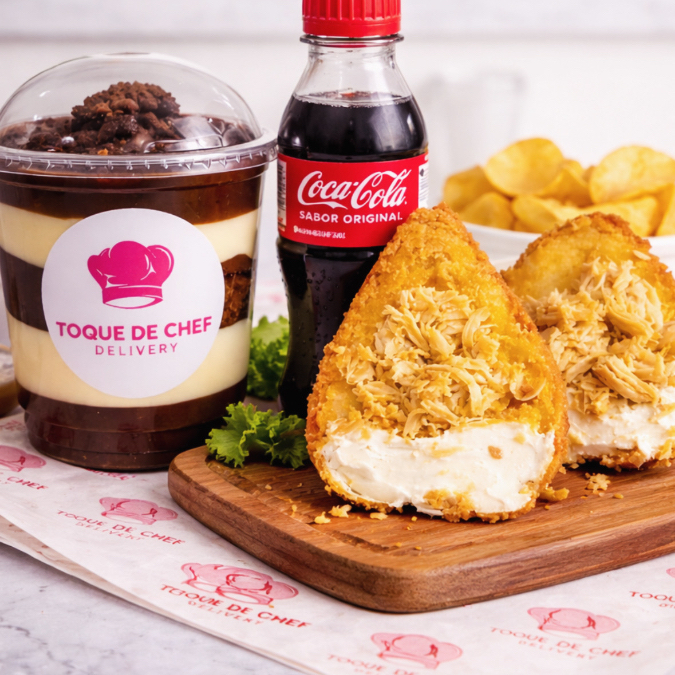 Coxinha crocante tradicional de frango (sem catupiry), sequinha + copo da felicidade + coca cola. Peso médio da coxinha: 180g