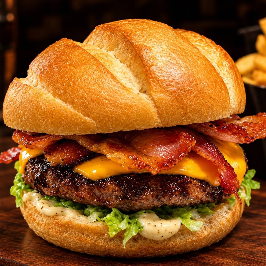 Todos os hambúrgueres clássicos acompanham batata frita e são compostos por: hambúrguer de carne Angus de 160 g, pão crocante, alface americana, tomate, molho de maionese do chef e queijo cheddar.