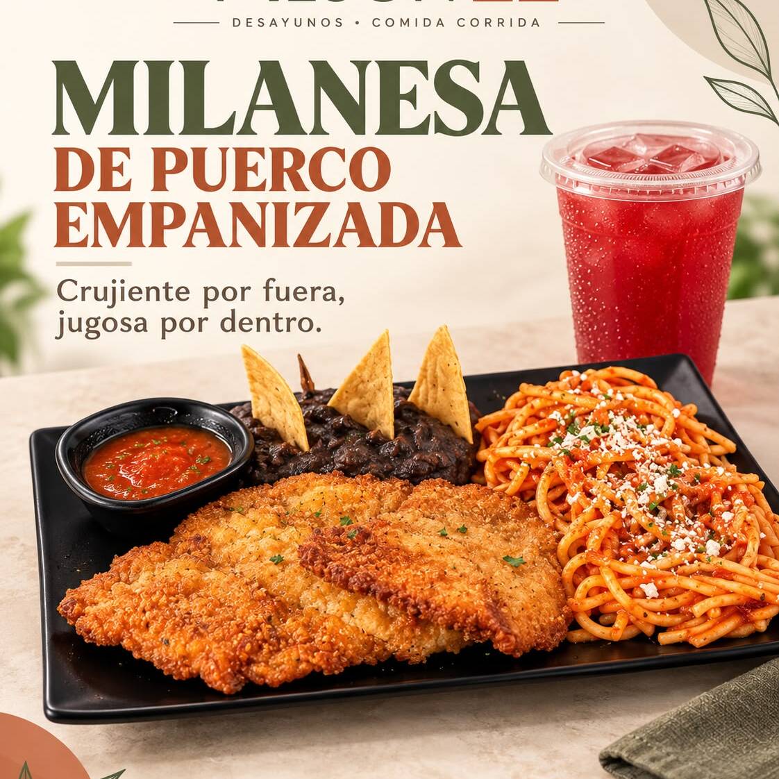 Milanesa Empanizada con Espagueti Rojo