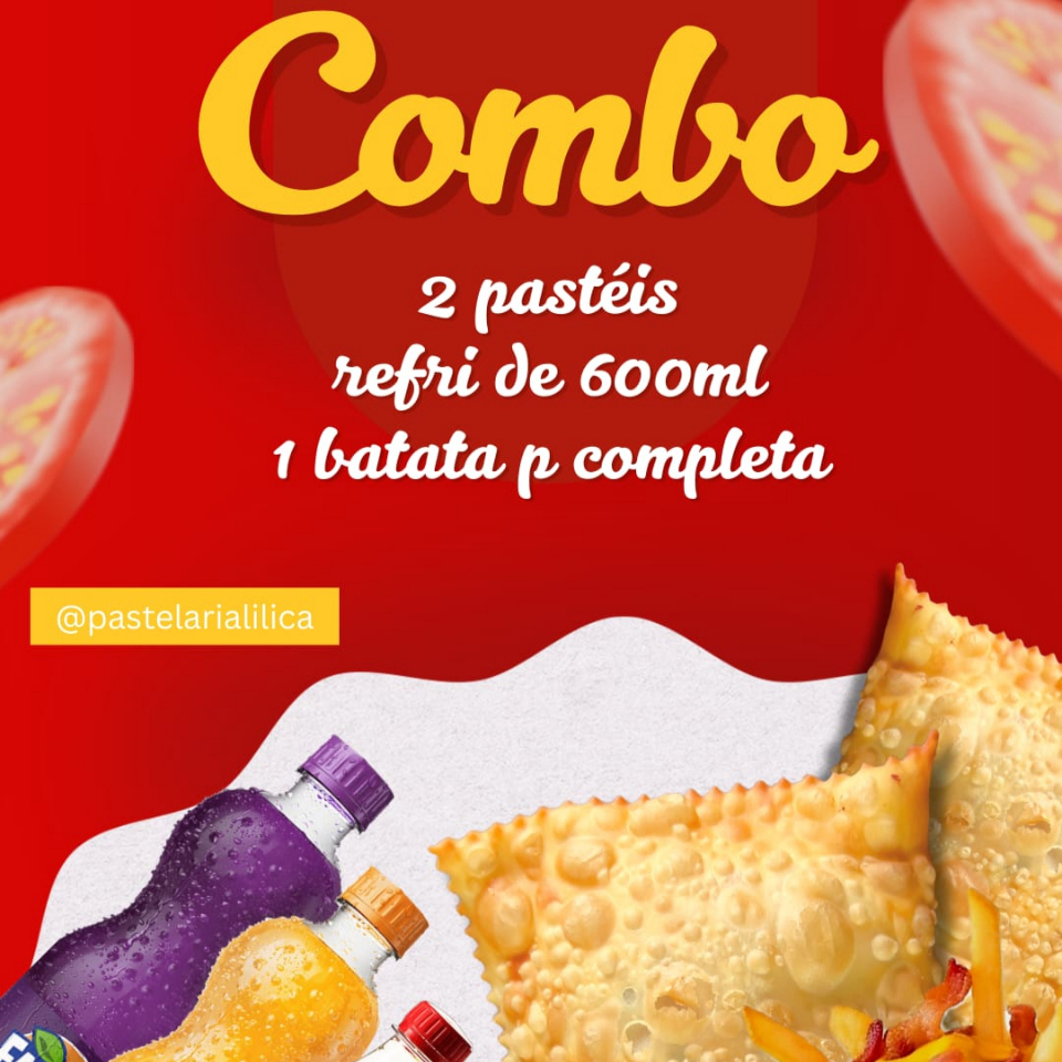 Acompanha dois pasteis, um refrigerante 600ml e uma batata tamanho P completa