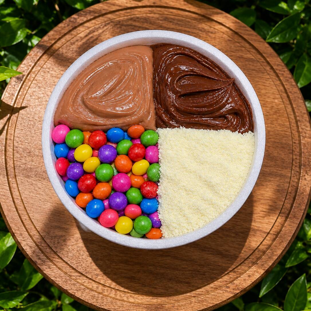 Para os verdadeiros apaixonados por chocolate!
Nosso açaí super cremoso é montado em camadas, combinando generosas porções de creme artesanal de chocolate, Nutella, disquetes coloridos e leite em pó em um copo de 480ml. Uma explosão de cremosidade, sabor e textura a cada colherada!