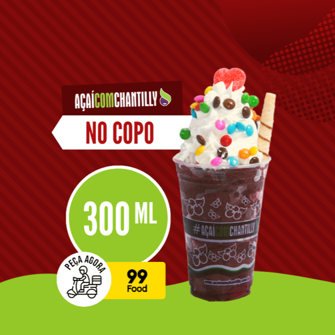 Seu açaí orgânico, batido com frutas de verdade, sem química, uma experiência incrível, montado no copo de 300ml com vários opções de doces e coberturas, e para fechar você pode escolher entre nosso delicioso chantilly artesanal  ou nosso espetacular creme de tapioca !