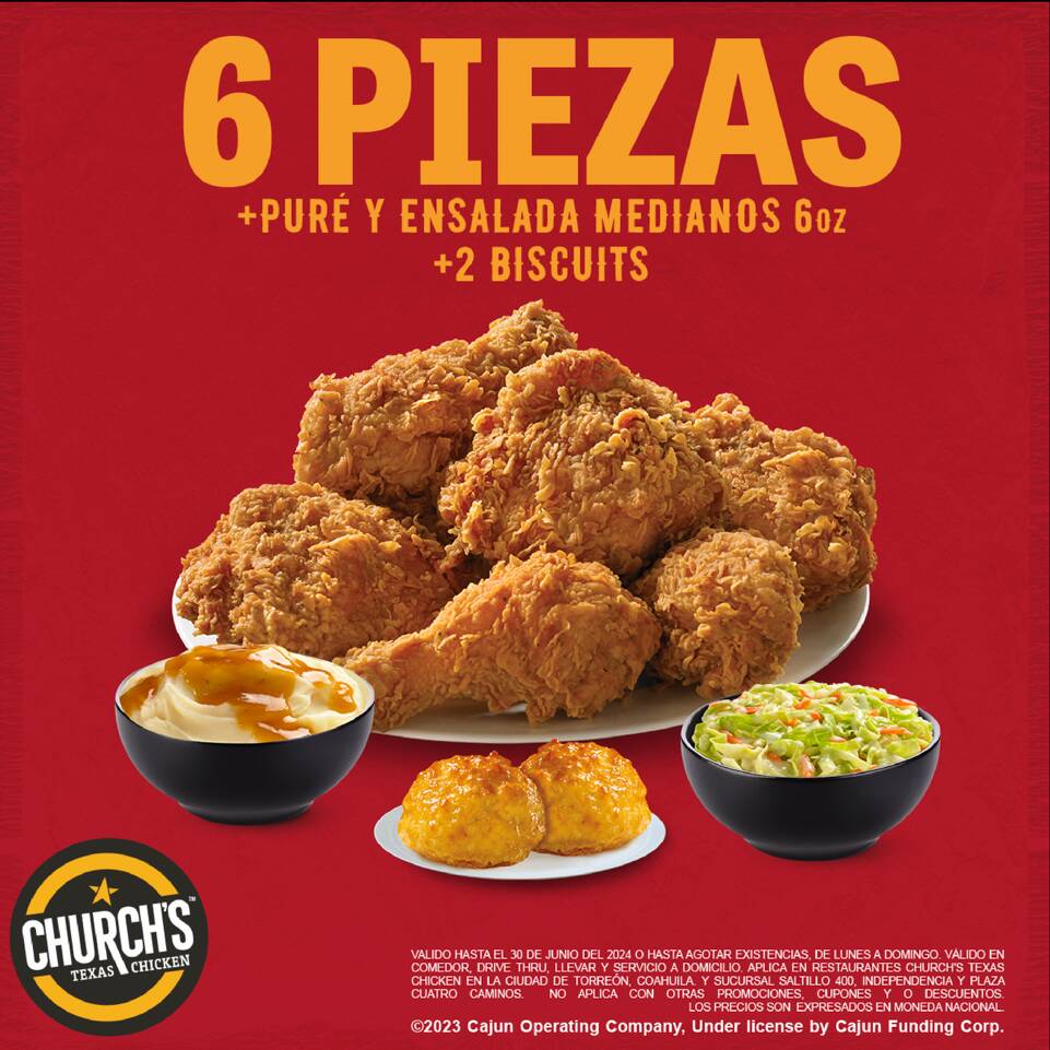 6 Pza pollo, 2 Complementos Medianos, 2 Biscuits
