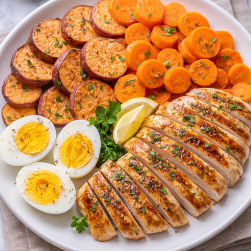 BATATA DOCE COZIDA, DOIS OVOS COZIDOS , FRANGO GRELHADO E SALADA