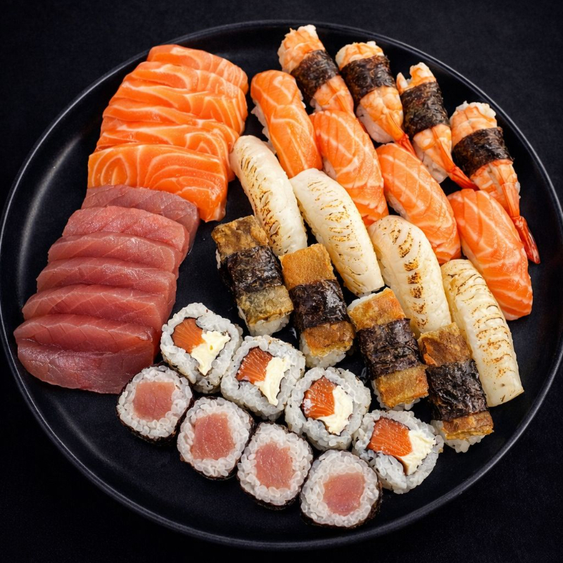 36 peças - 4x sushi de salmão, 4x sushi de camarão, 4x sushi white hot(bolinho de arroz, coberto com peixe branco, geléia de pimenta e raspa de limão), 4x uramaki filadélfia, 4x sushi skin, 4x hossomaki de atum, 6x sashimi de salmão e 6x sashimi de atum.