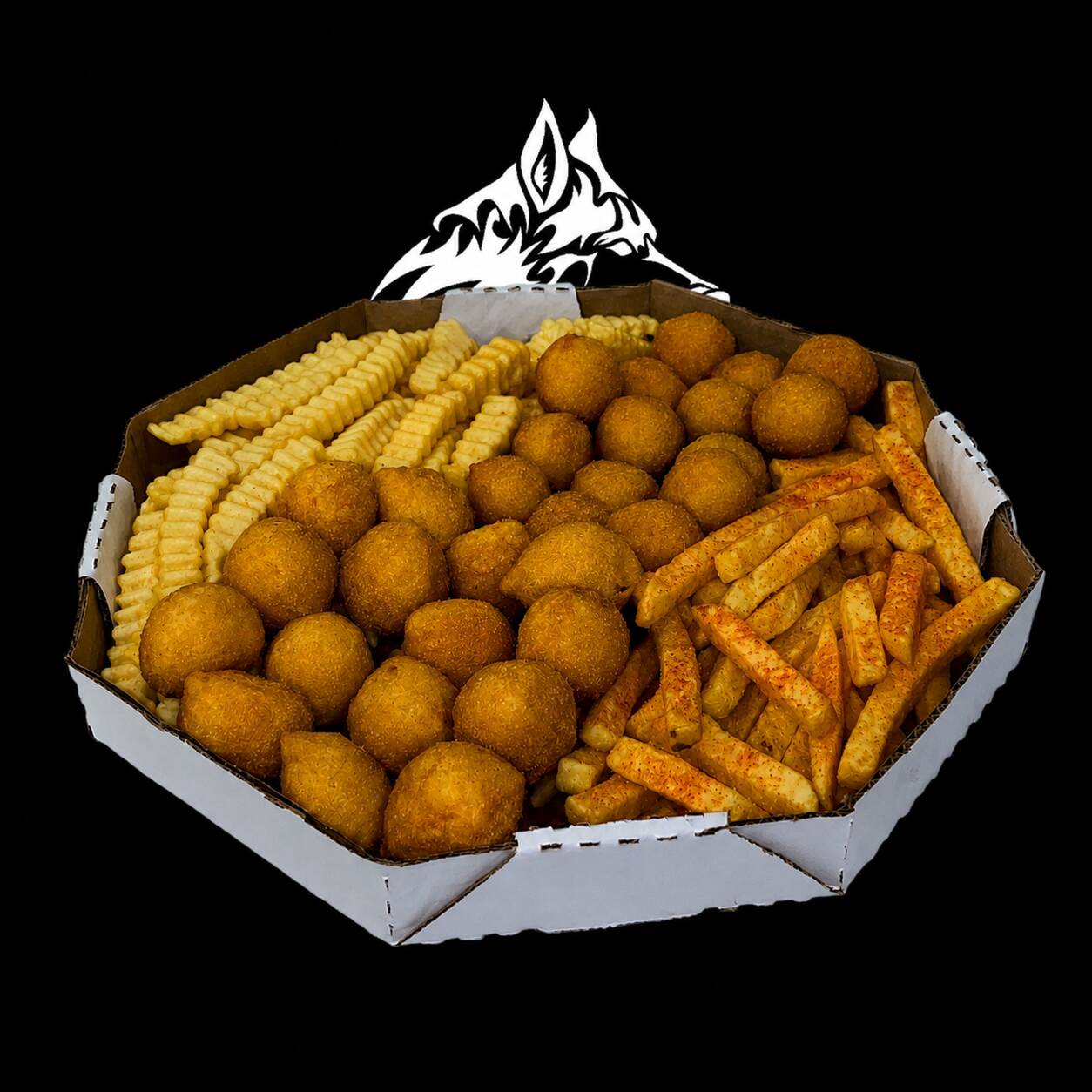 30 salgados da sua escolha, 300g de batata frita, 300g de batata crispy (em falta) substituiremos por mais da normal, ambas bem temperadas com tempero sabor carne.
(obs: salgados tamanho igual da imagem, 20g cada aproximadamente)