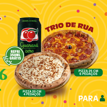 1 pizza broto 6 pedaços (25cm) salgada + 1 individual 4 pedaços (20cm) doce + 1 refri lata.