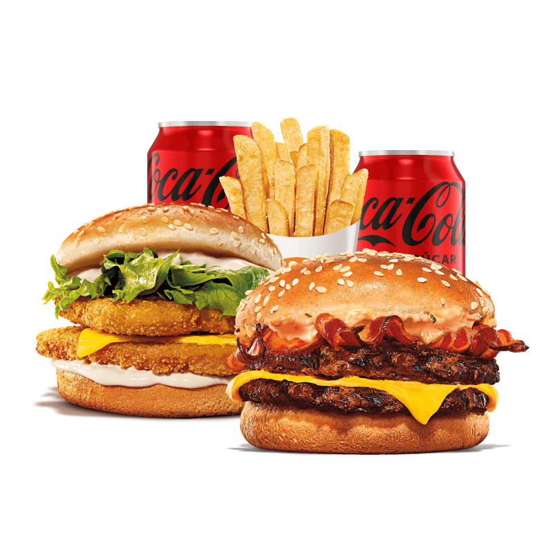 1 Stacker duplo feito com um hambúrguer com duas carnes bovinas grelhadas de 57g, pão com gergelim, queijo derretido, fatias de bacon crocante e o exclusivo molho bk stacker, 1 Chicken duplo com 2 frangos crocantes, queijo derretido, salada fresca (alface) e maionese Bk, 2 Cocas zero e nossas crocantes e irresistíveis, batatas fritas levemente salgadas.