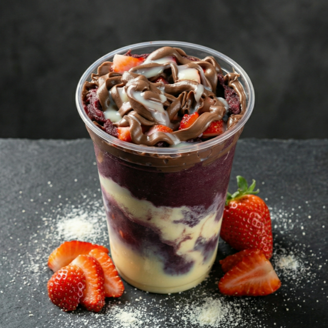 Copo saboroso e inesquecivel, Açai + Morango + Creme de Avelã + Leite Condensado + Leite em Pò todos complementos se completam começando com as frutas e chocolate e no interior leite condensado e leite em pó.