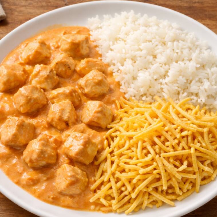 Este clássico prato é delicadamente preparado com pedaços suculentos de frango, mergulhados em um molho cremoso e rico em sabor. Acompanha arroz branco, perfeitamente cozido, soltinho, e uma generosa porção de batata palha para adicionar uma textura crocante.