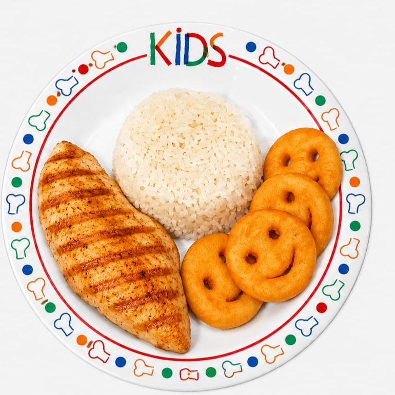 Filé de frango, arroz, 4 unidades batata smiles e legumes do dia.