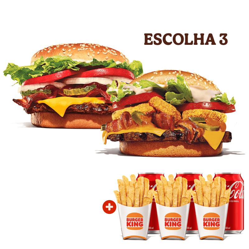 Escolha seu sanduíche para formar 3 combos: Whopper Furioso (Um hambúrguer de carne bovina grelhado de 113g, pão com gergelim, queijo derretido, onion rings, fatias de bacon crocante, pimenta-jalapeño, salada fresca (alface e tomate), o exclusivo molho furioso e maionese bk) ou Whopper Barbecue Bacon (Um hambúrguer com uma carne bovina grelhada de 113g, pão com gergelim, queijo derretido, molho barbecue, salada fresca (alface, cebola e tomate), bacon fatiado, picles e maionese Bk)
Acompanham 3 batatas fritas e 3 bebidas.