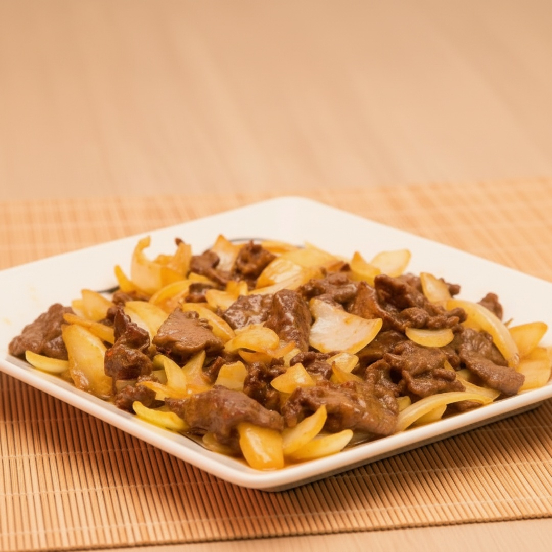 Carne em fatias, com cebola ao molho curry levemente picante.