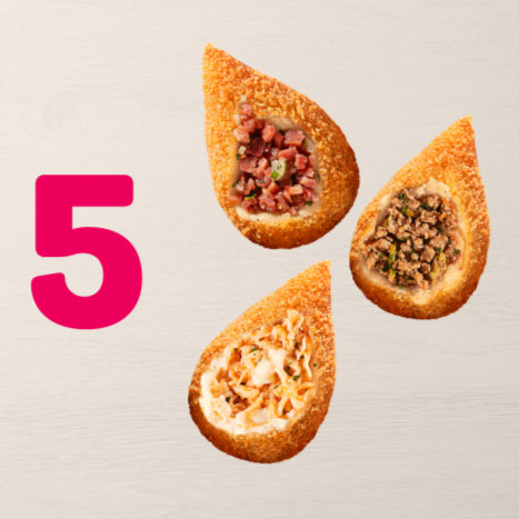 Escolha 5 unidades das nossas deliciosas Coxinhas Clássicas. Irresistível. Cuidado, recheio quente.