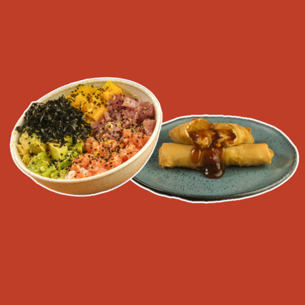 Arroz gohan, salmão, atum, manga, abacate, alga nori, gergelim e raspa de limão siciliano. Acompanha molho koa havaiano e teriyaki e com a promo você leva uma unidade de Harumaki de Salmão com cream cheese e alho poró feito na casa