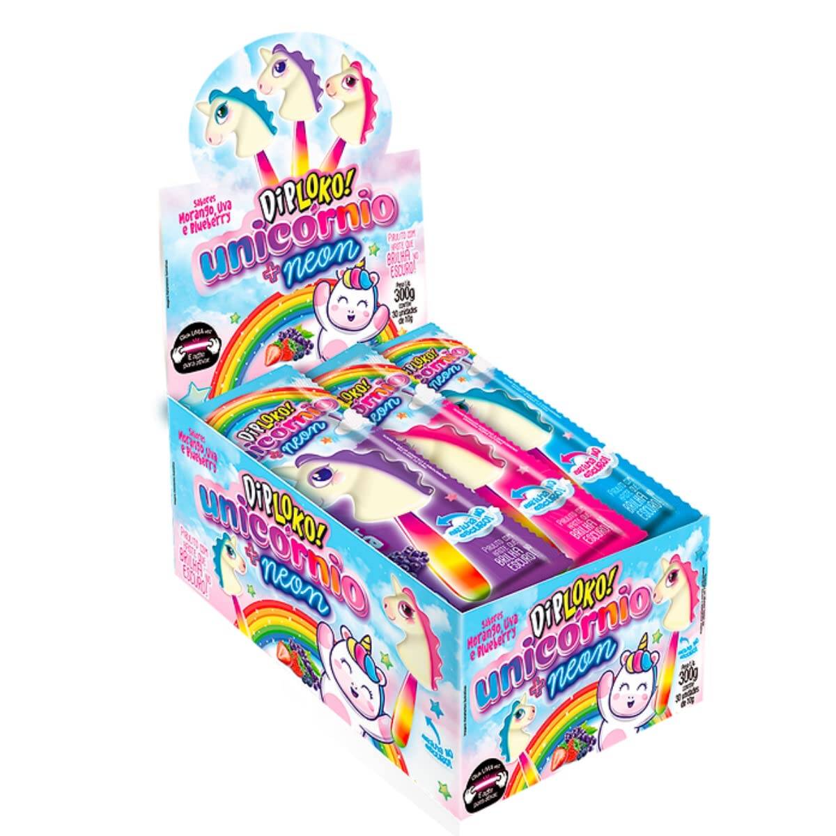 Pirulito Dip Loko Neon Unicornio 10g Morango/Uva/Blueberry - UNIDADE