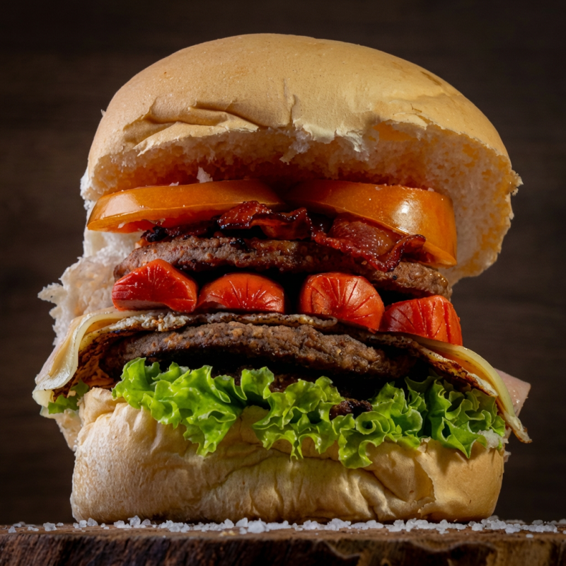 Foto meramente ilustrativa. Pão, 2 carnes, 2 queijos, ovo, calabresa, bacon e molhos.