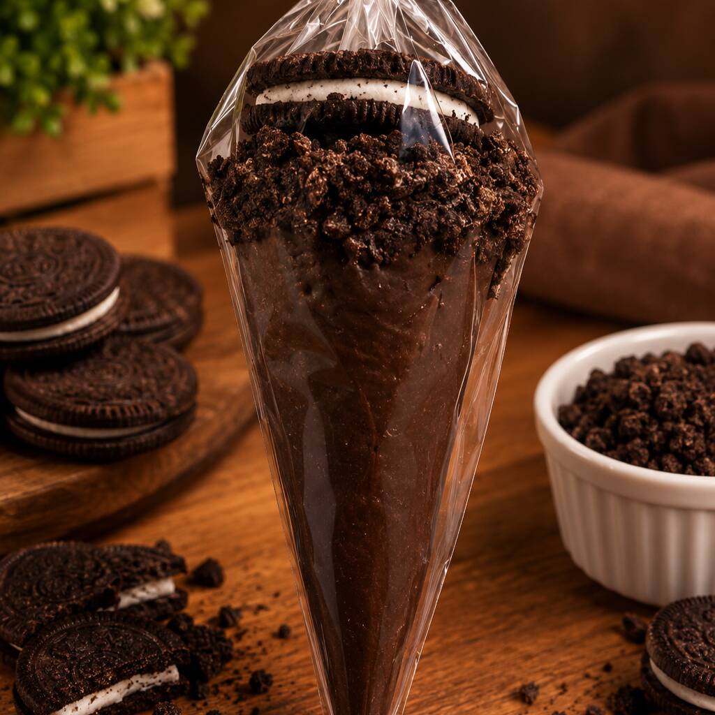 Cone artesanal recheado com brigadeiro de Ninho e bolacha Negresco