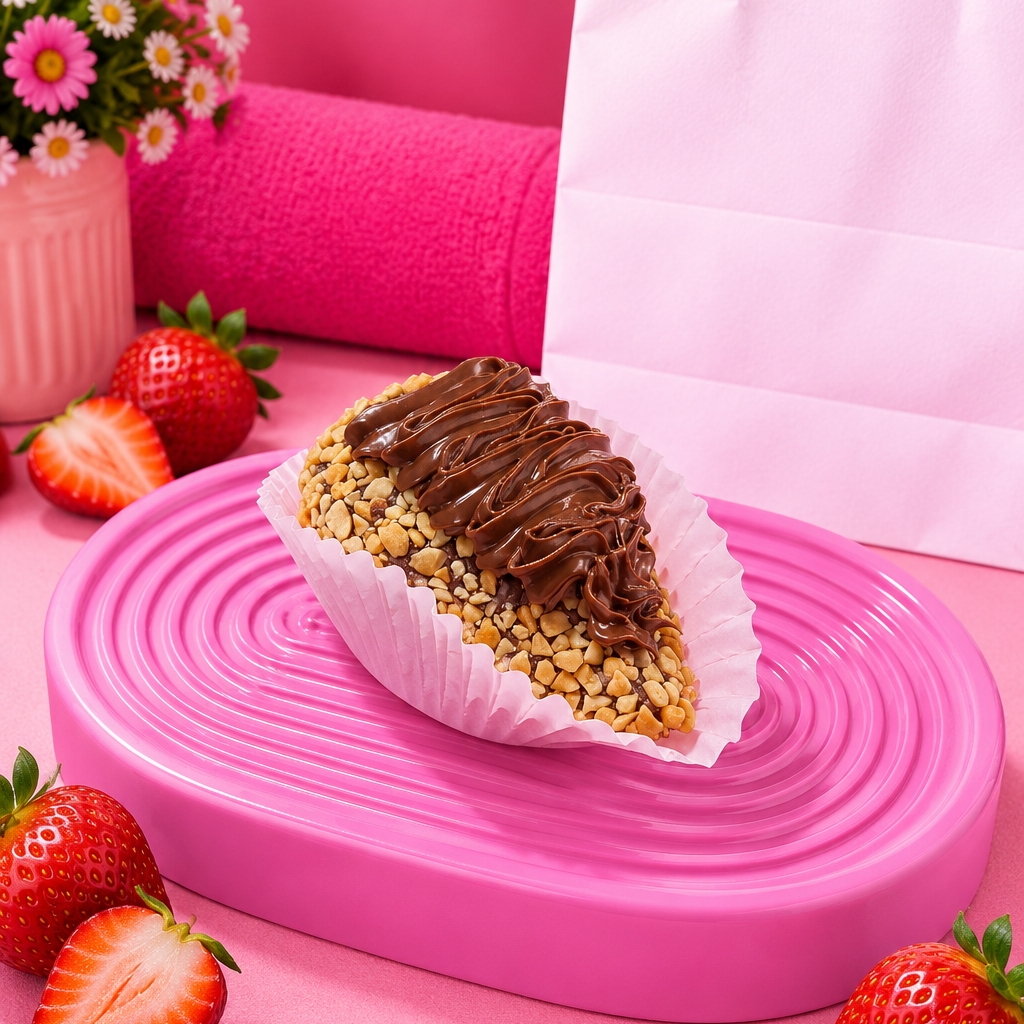 Nossa irresistível Coxinha de Morango Ferrero é pura explosão de sabor! Uma deliciosa massa de brigadeiro super cremosa envolvendo um morango fresquinho e suculento, coberta com amendoim crocante e finalizada com um generoso toque de Nutella cremosa por cima. Cada mordida é a combinação perfeita entre cremosidade, crocância e muito sabor!