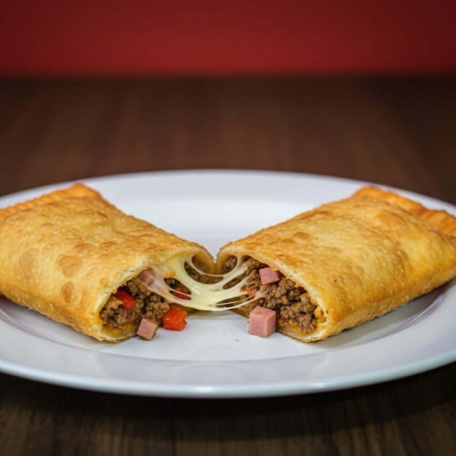 Escolha 2 tipos de recheio e turbine com 2 adicionais. É muuuuito recheio! São 25x10cm de massa crocante, sequinha, recheada de ponta a ponta, preparado e frito na hora.
*imagem ilustrativa