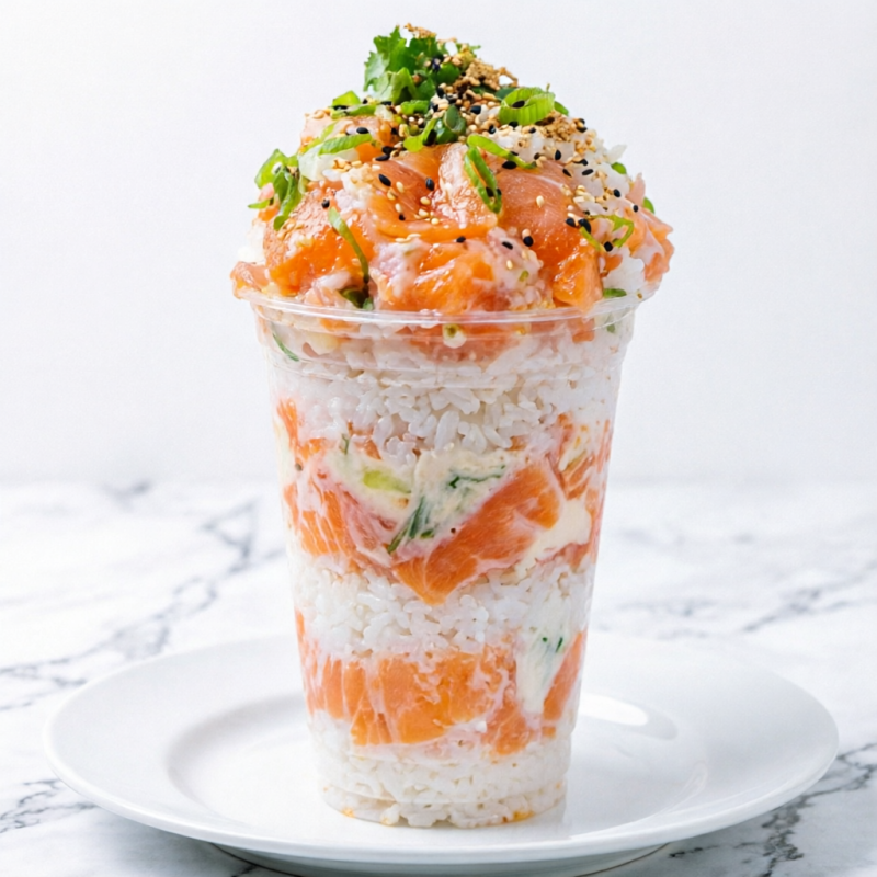 Copo de sushi de Salmão, contem: Arroz japonês, salmão em cubinhos, gergilim e cebolinha verde.
Foto ilustrativa