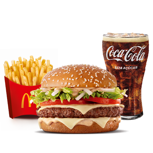 Composto por um hambúrguer de carne 100% bovina, o icônico molho tasty, queijo processado sabor emental, tomate, alface, cebola, tudo isso no pão com gergelim, acompanhamento e bebida