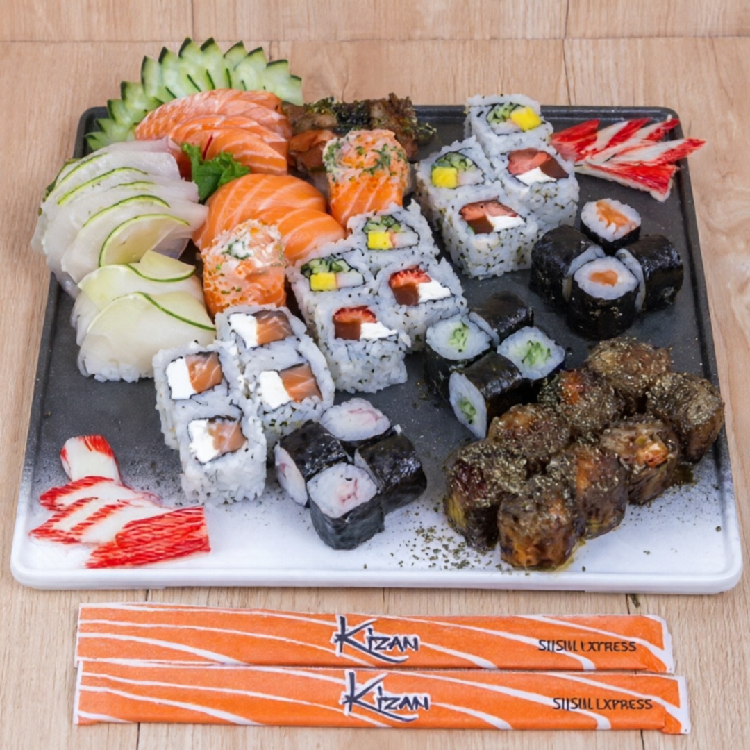 5 un de sashimi de salmão 5 un de sashimi de tilapia 4 un fatias de kani, 4 un de uramaki california, 4 un de uramaki filadelfia , 4 un de uramaki romeu e julieta, 2 un niguiri salmão, 2 gunkan, 4 un hossomaki pepino, 4 un hossomaki salmão, 4 un hossomaki kani e 8 un de hot