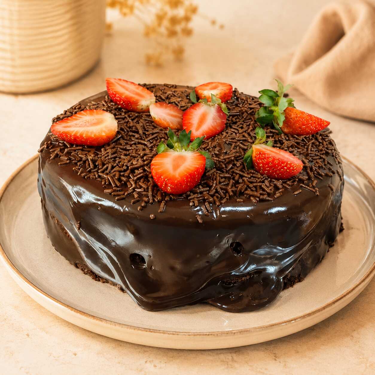 Bolo de chocolate macio e saboroso, preparado com cacau em pó Sicao de ótima qualidade. Coberto com brigadeiro cremoso, granulado de chocolate e finalizado com morangos frescos. Uma combinação intensa, equilibrada e irresistível para compartilhar e celebrar momentos especiais.