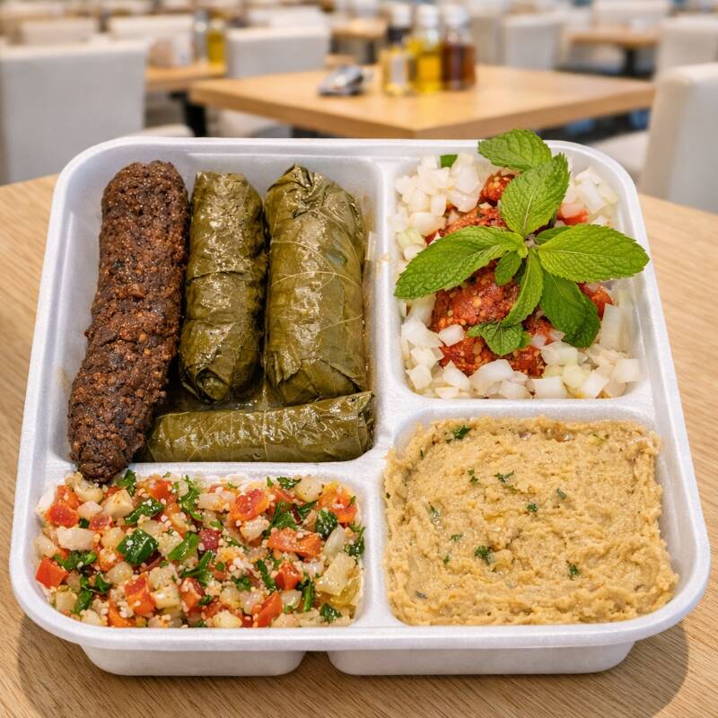 Kibe cru, Homus, Tabule, Charuto de uva e Kafta no espeto