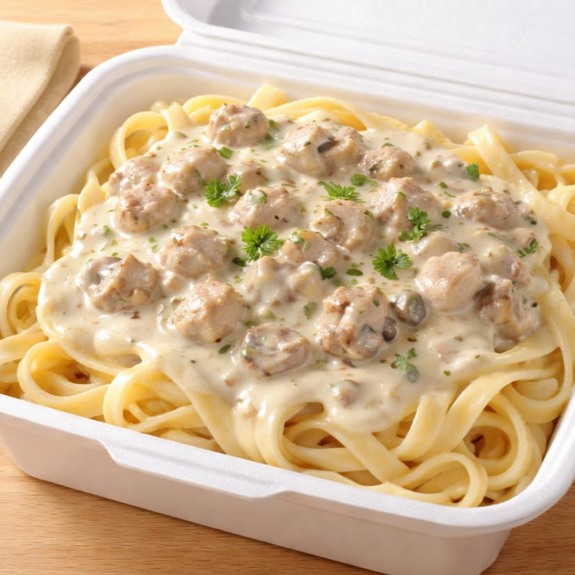 DELICIOSO MACARRÃO AO MOLHO BRANCO ,COM 2 QUEIJOS ,SERVE ATE 2 PESSOAS 600 GRAMAS