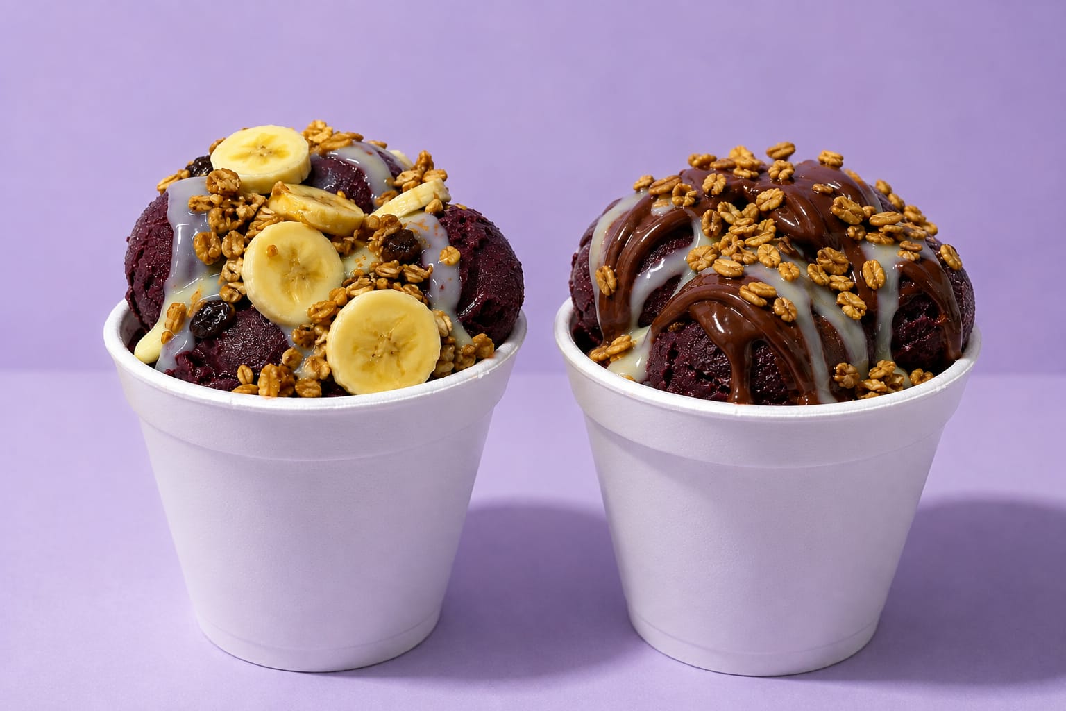 São dois açaís super cremosos nos bowls de 480ml, ambos preparados em camadas com 2 complementos e 1 creme gratuito à sua escolha. A combinação perfeita de sabor e textura em cada colherada!