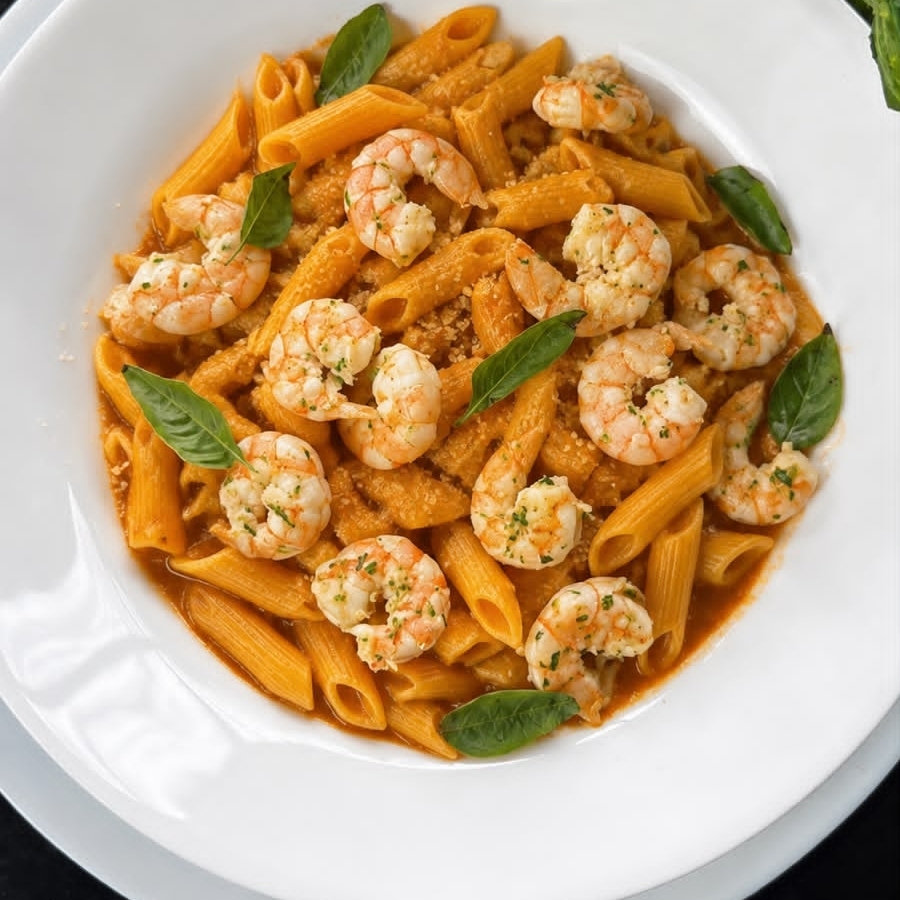 Deliciosa massa penne ao molho vermelho com Camarões