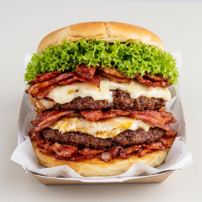2 carnes, 2 ovos, calabresa, bacon, queijo, presunto, salada e batata palha