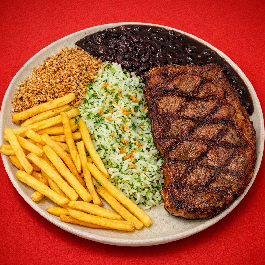 Bife de chorizo argentino grelhado no ponto perfeito, acompanhado de arroz de brócolis, feijão caseiro, farofa crocante e batatas fritas douradas. Um prato completo e cheio de sabor.