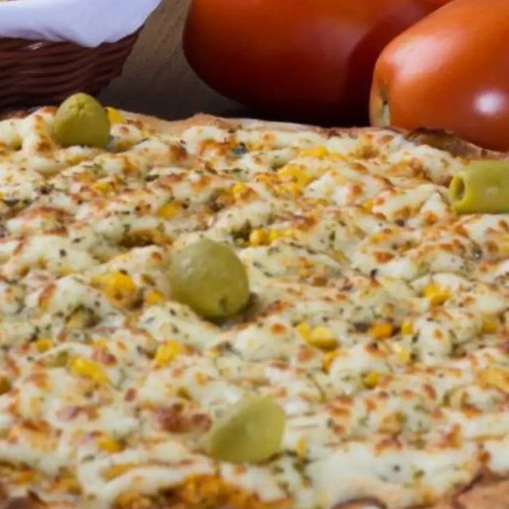 Molho de tomate, frango desfiado, mussarela, azeitonas e orégano