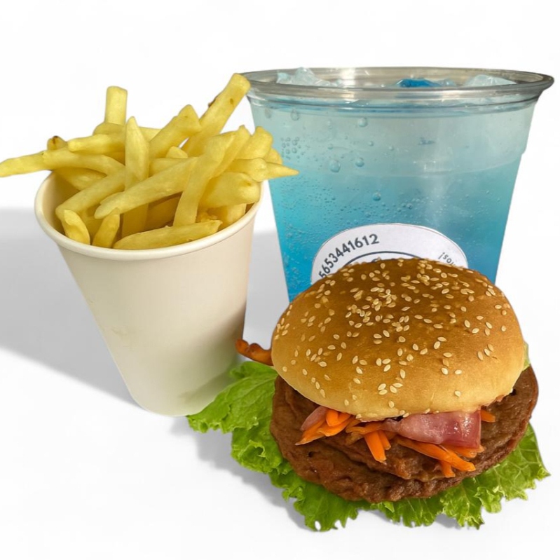 Hamburguesa, papas y soda italiana