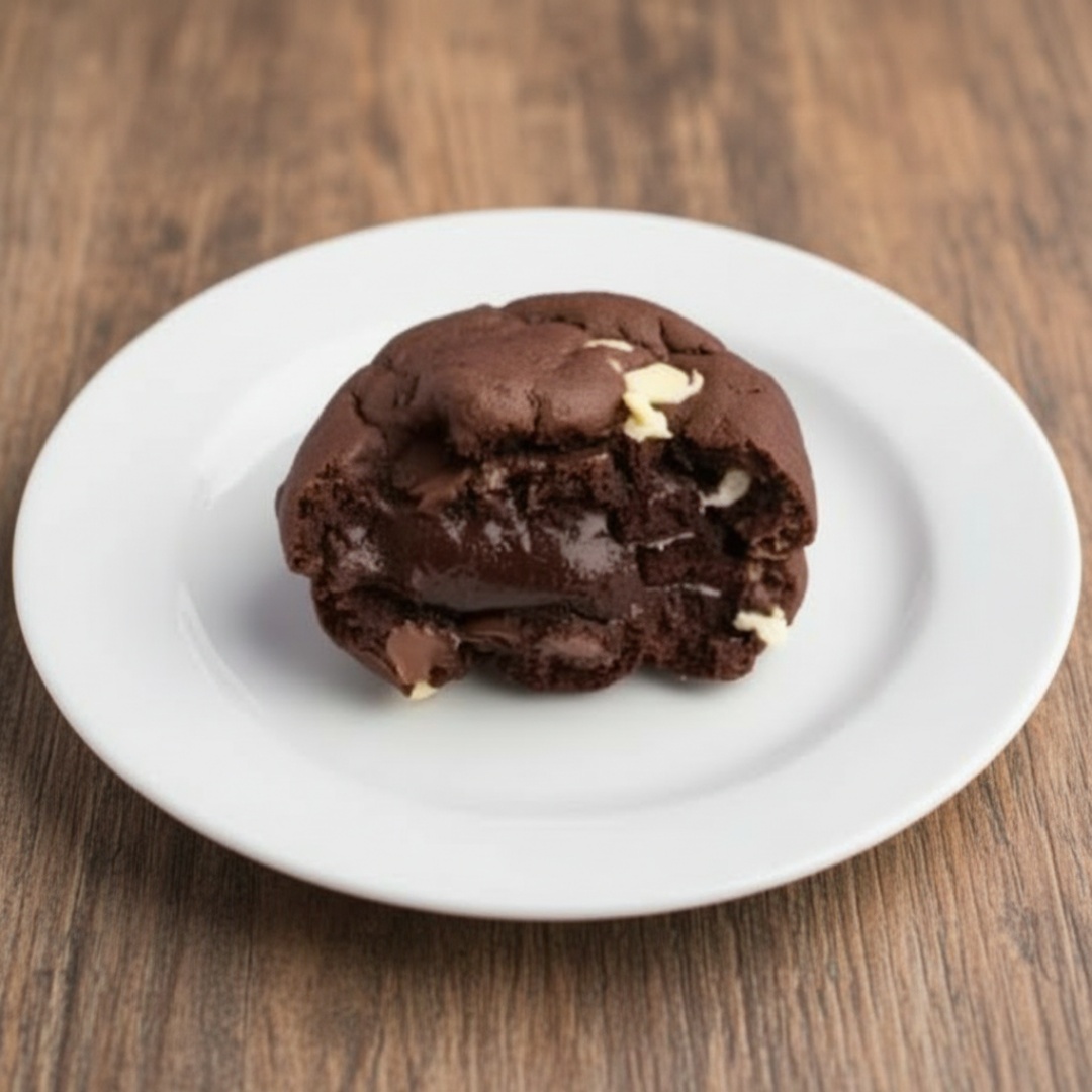 Massa maravilhosa de chocolate feita com cacau 100%, com gotas de chocolate branco e blend, recheado com um brigadeiro gourmet de chocolate. Sendo assim, uma Tripla explosão de chocolate. O cookie mais chocolatudo do muuundo!! Pesa aproximadamente 110g.