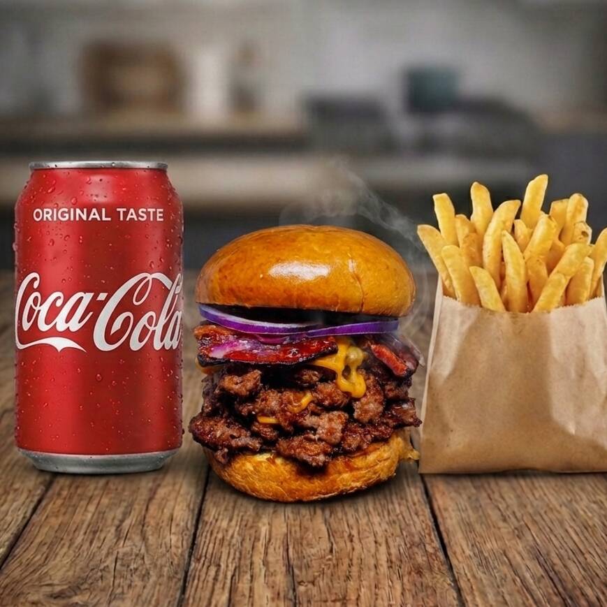 Combo Smash Quádruplo + Batata + Bebida
Para quem não brinca em serviço! O nosso maior Smash em um combo completo para saciar qualquer fome.
• O Burger: 4 suculentos discos de carne (75g cada) prensados na chapa, 2 fatias generosas de queijo cheddar derretido e o toque refrescante da cebola roxa, bacon tudo no pão brioche amanteigado.
• Acompanhamento: Batata frita crocante e sequinha (porção individual).
• Bebida:(350ml) trincando de gelada.