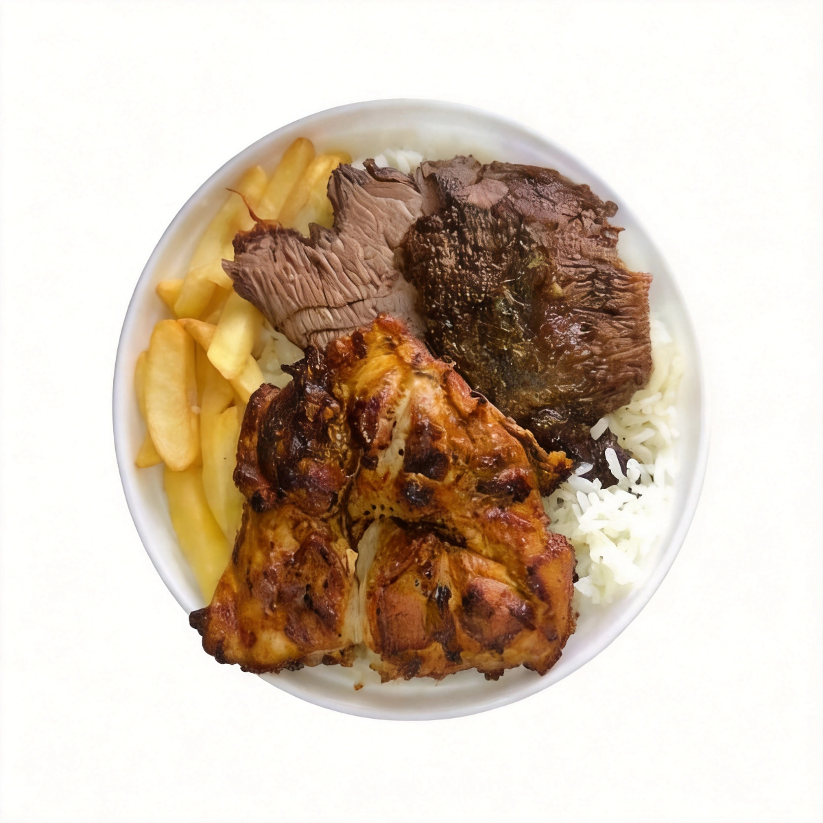 Arroz, feijão, carne assada, frango, linguiça, batata frita