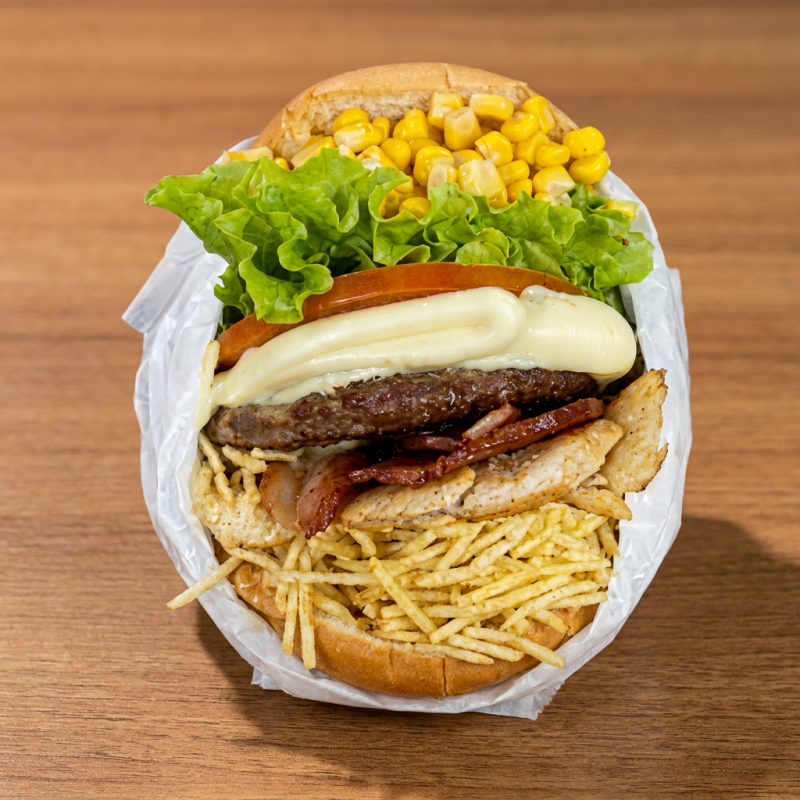 2 DELICIOSOS BURGUER SALADA ESPECIAL, ACOMPANHADO DE HAMBÚRGUER BOVINO, MUSSARELA, APRESUNTADO, OVO, TOMATE, ALFACE, MILHO E BATATA PALHA.